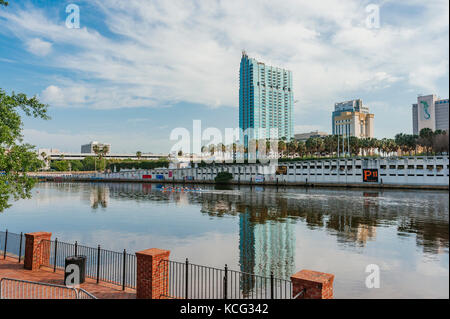 A rowing crew glide their boat up the Hillsborough River under the shadow of the Skypoint condominiums of Tampa, Florida, United States. Stock Photo