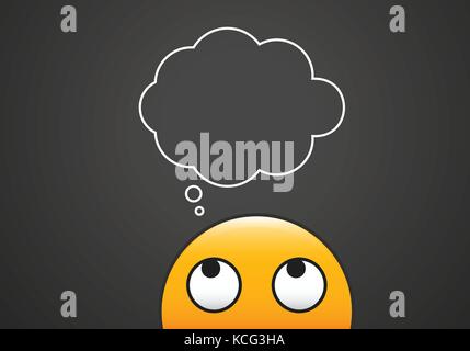 Thinking emoticon with thinking bubble above his head on a background representing a dark chalkboard. Vector editable illustration Stock Vector
