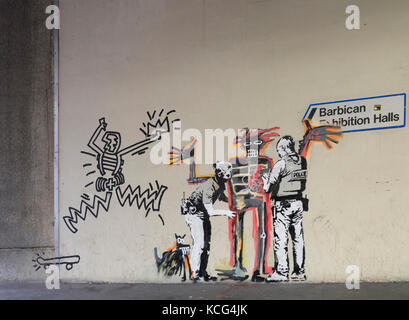 Banksy street art in the Barbican London UK inspired bu Jean-Michel Basquiat exhibition Stock Photo