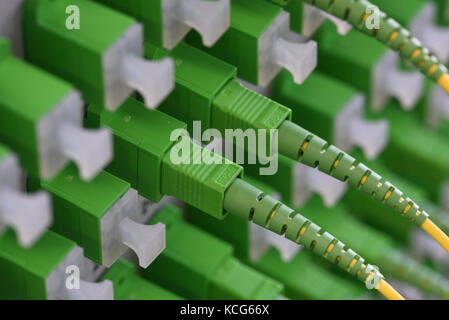 Optical distribution panels with fiber cables at passive optical network Stock Photo