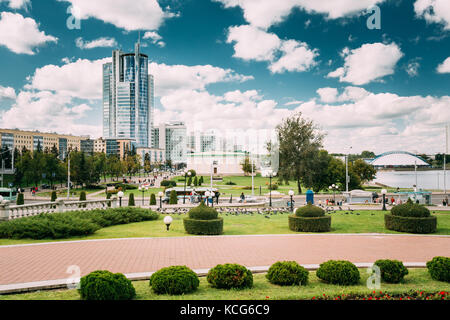Minsk, Belarus. Business Center Skyscraper On Pobediteley Avenue In District Central Nemiga In Summer Day Stock Photo