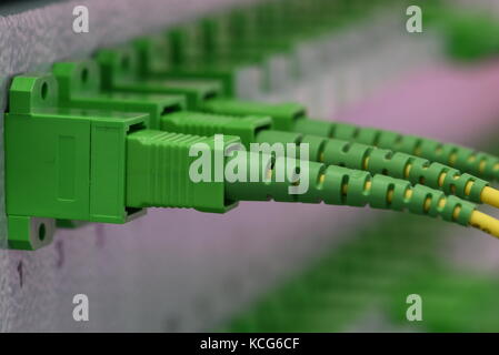 Optical distribution panels with fiber cables at passive optical network Stock Photo
