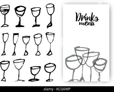 Set of hand drawn drink cups. Idea design with drink glasses for menu cover. Vector Illustration Stock Vector