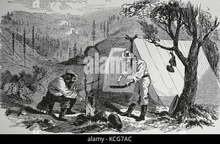 USA. The Gold Rush. Mining camp, Mother Lode contry. Cooking. California. Harper's Weekly, 1857. Stock Photo