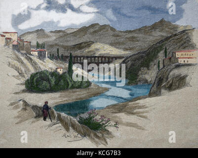 Turkey. Izmir (Smyrna). Bridge over the river Meles. Engraving of De Roma a Jerusalen, 19th century. Stock Photo