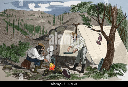 USA. The Gold Rush. Mining camp, Mother Lode contry. Cooking. California. Harper's Weekly, 1857. Colored. Stock Photo