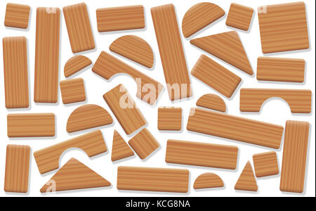 Wooden toy blocks, jumbled and mixed up wood pieces of different shapes - natural childhood building and leisure game. Stock Photo