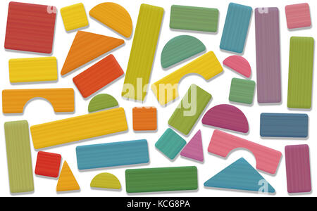 Building toy blocks - colored set, loosely arranged with bricks, roofs, spires, pillars and archs - all parts with wooden texture. Stock Photo
