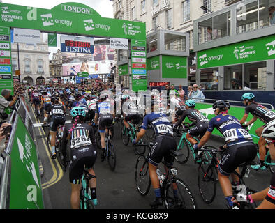 Riders start the final stage of the 2017 Women's Tour of Britain held in London Stock Photo