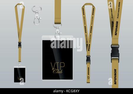 Set of lanyard and badge. Design example vip pass. Template vector illustration. Stock Vector