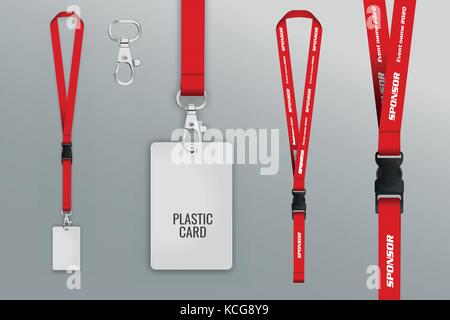 Set of lanyard and badge. Badge credit card measure. Metal piece. Template for presentation of their design. realistic vector illustration. Stock Vector