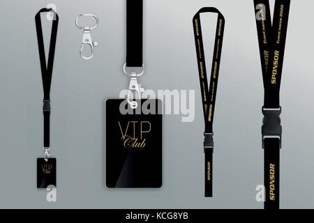 Set of lanyard and badge. Design example vip pass. Template vector illustration. Stock Vector