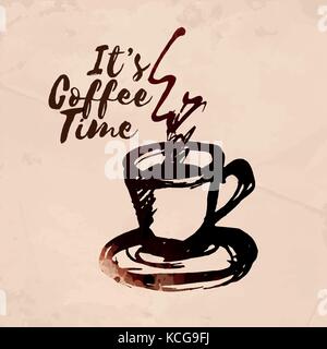 Hand-drawn cup of coffee. Colored with coffee stainsVector Illustration. Stock Vector