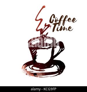 Hand-drawn cup of coffee. Colored with coffee stains. Vector Illustration. Stock Vector