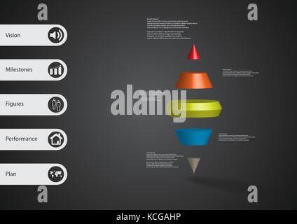 3D illustration infographic template with motif of two spike cone horizontally divided to five color slices with simple sign and text on side in bars. Stock Vector