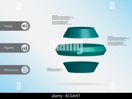 3D illustration infographic template with motif of round hexagon horizontally divided to three blue slices with simple sign and text on side in bars.  Stock Vector