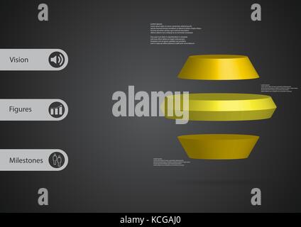 3D illustration infographic template with motif of round hexagon horizontally divided to three yellow slices with simple sign and text on side in bars Stock Vector
