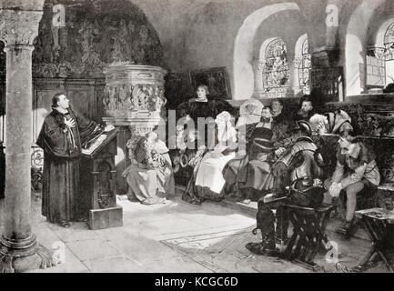 Martin Luther preaching in Wartburg Castle, Germany in 1521.  Martin Luther, 1483 – 1546. German professor of theology, composer, priest, monk and a seminal figure in the Protestant Reformation.  From Hutchinson's History of the Nations, published 1915. Stock Photo