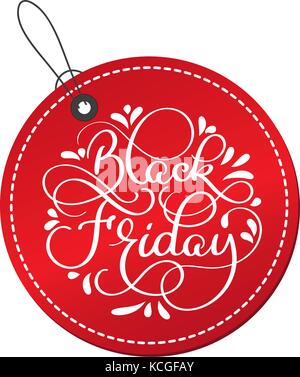 Black Friday calligraphy text on red round tag. Hand drawn lettering Vector illustration EPS10 Stock Vector