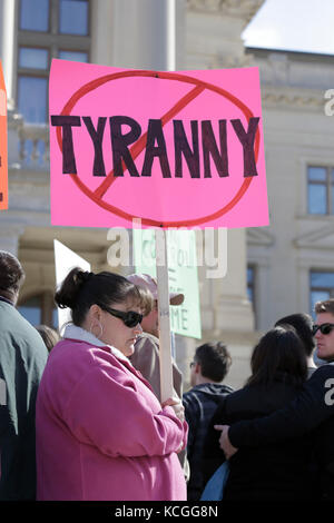 Atlanta, Georgia USA, 19 Jan 2011, Woman holds sign with word TYRANNY crossed out, at 2nd Amendment rally, Georgia State Capitol Stock Photo