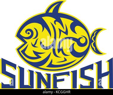 Tribal art style illustration of a ocean sunfish or common mola, the heaviest known bony fish, with text viewed from side isolated background. Stock Vector