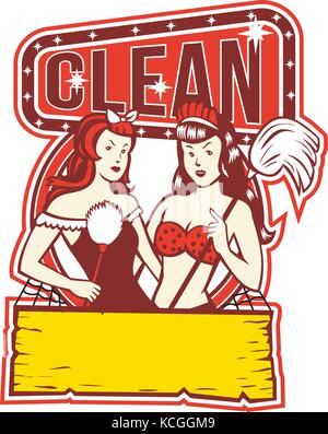 Retro 1950s style illustration of Twin female Cleaners with feather duster and mop with words text "Clean" on isolated background. Stock Vector
