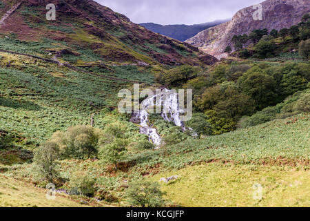 Rapids and waterfalls of Afon Cwm Llan viewed from the Watkin Path Snowdonia National Park, Wales Stock Photo