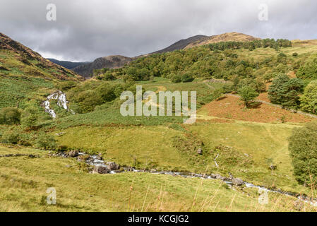 Rapids and waterfalls of Afon Cwm Llan viewed from the Watkin Path Snowdonia National Park, Wales Stock Photo