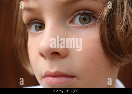 Close up of a young scared and frightened woman, covering herself