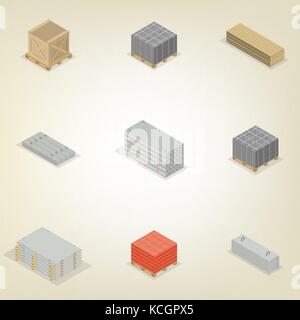 Set of different building materials isolated on white background. Brick, cinder block, wood and iron concrete products. Flat 3d isometric style, vecto Stock Vector