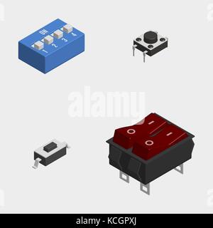 Set of different electric buttons and switches isolated on white background. 3D isometric style, vector illustration. Stock Vector