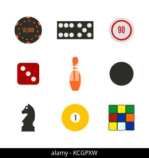 Various game icons isolated on white background. Checkers, chess, dominoes, dice, bowling and casino chips. Flat style, vector illustration. Stock Vector