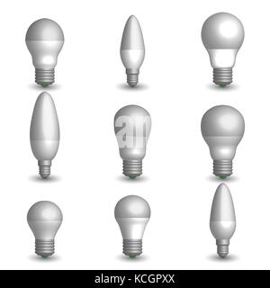 Set of various photo realistic LED and energy-saving light bulbs. Element for the design of electrical components. 3D style, vector illustration. Stock Vector