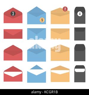Set colored paper envelopes of different form and sizes, open and closed, isolated on white background, vector illustration. Stock Vector