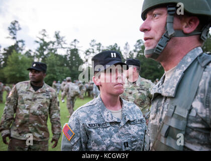 A new group of U.S. Army National Guard officer candidates arrived at 2nd Battalion (Officer Candidate School), 218th Regiment (Leader), South Carolina Army National Guard, Eastover, South, Carolina, and were greeted by the cadre June 3, 2017. (U.S. Army National Guard photo by Sgt. Brian Calhoun) Stock Photo