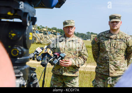 U.S. Army Maj. Gen. Robert E. Livingston Jr., the Adjutant General for South Carolina, holds a press conference to inform the public of South Carolina Army National Guard engineers leaving to help recovery efforts in Puerto Rico at McEntire Joint National Guard Base, S.C., Sept. 29, 2017. (U.S. Air National Guard photo by Tech. Sgt. Jorge Intriago) Stock Photo