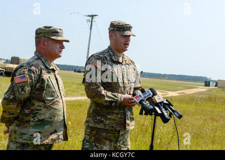 U.S. Army Maj. Gen. Robert E. Livingston Jr., the Adjutant General for South Carolina, holds a press conference to inform the public of South Carolina Army National Guard engineers leaving to help recovery efforts in Puerto Rico at McEntire Joint National Guard Base, S.C., Sept. 29, 2017. (U.S. Air National Guard photo by Tech. Sgt. Jorge Intriago) Stock Photo