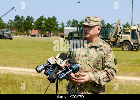 U.S. Army Maj. Gen. Robert E. Livingston Jr., the Adjutant General for South Carolina, holds a press conference to inform the public of South Carolina Army National Guard engineers leaving to help recovery efforts in Puerto Rico at McEntire Joint National Guard Base, S.C., Sept. 29, 2017. (U.S. Air National Guard photo by Tech. Sgt. Jorge Intriago) Stock Photo