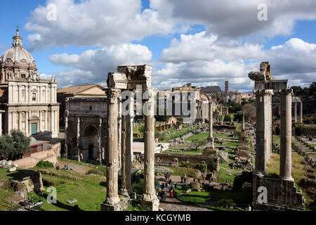 Rome. Italy. View of the Roman Forum from the Tabularium, Capitoline Museums. L-R, Church of Santi Luca e Martina, Arch of Septimius Severus, Temple o Stock Photo