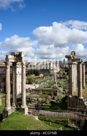 Rome. Italy. View of the Roman Forum from the Tabularium, Capitoline Museums. Temple of Vespasian (foreground, left) & Temple of Saturn (right). Stock Photo