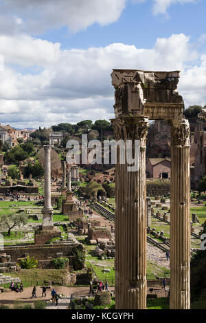 Rome. Italy. View of the Roman Forum from the Tabularium, Capitoline Museums. Temple of Vespasian (foreground) & via Sacra. Stock Photo