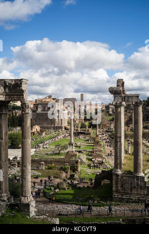 Rome. Italy. View of the Roman Forum from the Tabularium, Capitoline Museums. Temple of Vespasian (foreground, left) & Temple of Saturn (right). Stock Photo