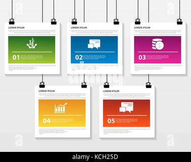 Vector illustration. Infographic pattern on a suspended sheet of paper. 3d style with three steps. Used for business presentations, education, web des Stock Vector