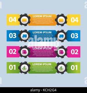 Vector illustration. Infographic template with the image of 4 rectangles and gears. 3d style with four steps. Used for business presentations, educati Stock Vector
