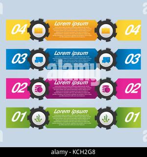 Vector illustration. Infographic template with the image of 4 rectangles and gears. 3d style with four steps. Used for business presentations, educati Stock Vector