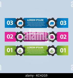 Vector illustration. Infographic template with the image of 3 rectangles and gears. 3d style with three steps. Used for business presentations, educat Stock Vector