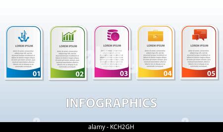 Vector illustration. Template of infographics in the form of a rectangle with rounded edges. 3d style with five steps. Used for business presentations Stock Vector