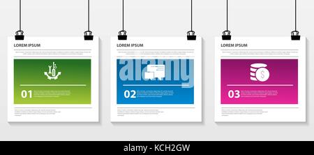 Vector illustration. Infographic pattern on a suspended sheet of paper. 3d style with three steps. Used for business presentations, education, web des Stock Vector