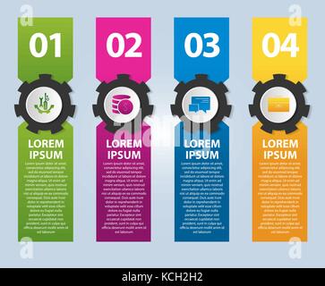 Vector illustration. Infographic template with the image of 4 rectangles and gears. 3d style with four steps. Used for business presentations, educati Stock Vector