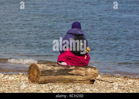 Woman sitting on flotsam tree trunk, River Rhine, near Cologne Germany ...